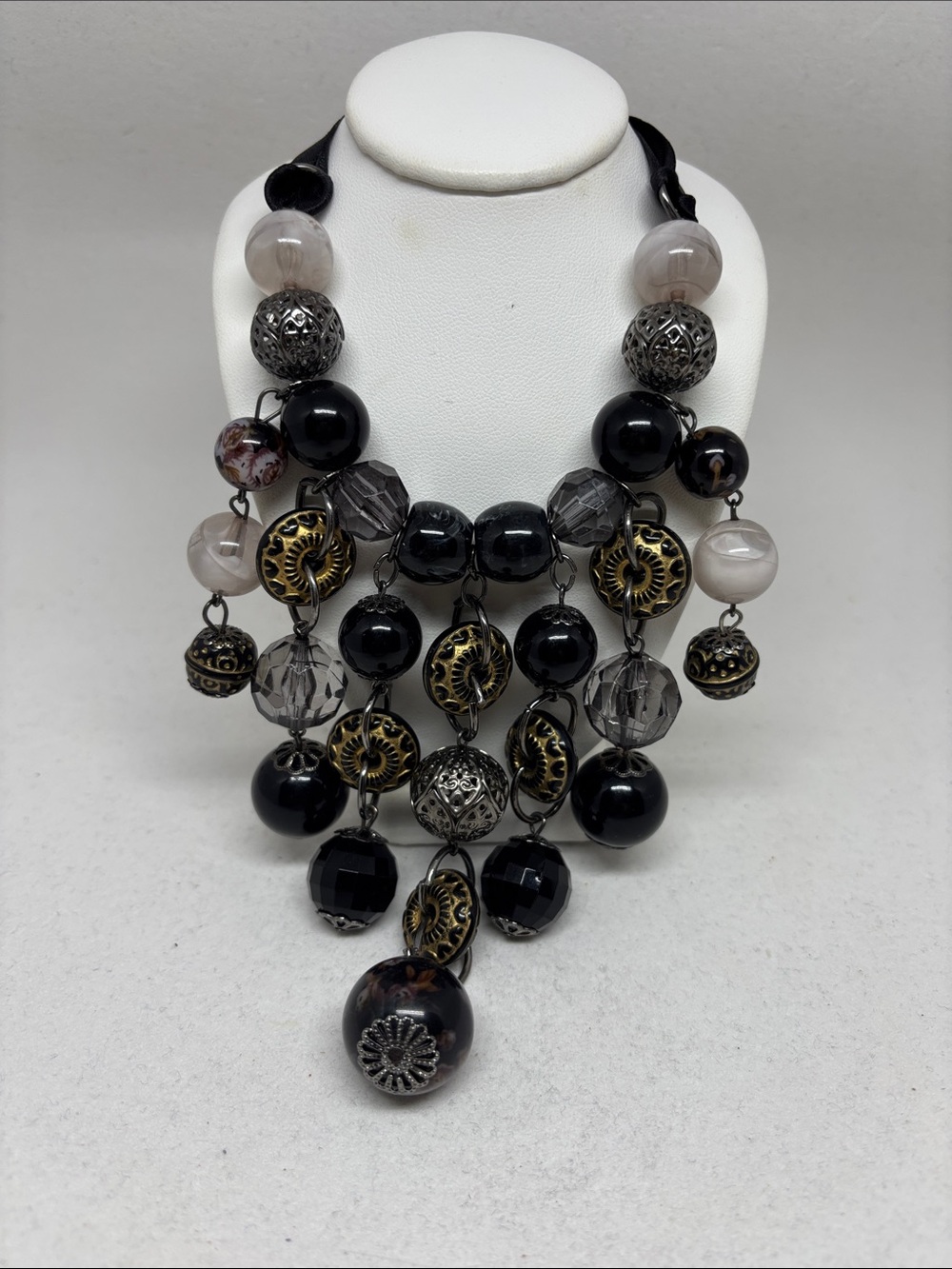 Statement Black and Gold Beaded Bib Necklace